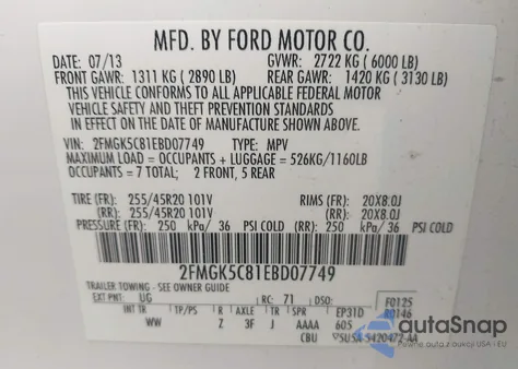 2014 Ford Flex Sel z USA, uszkodzony, nr VIN 2FMGK5C81EBD07749